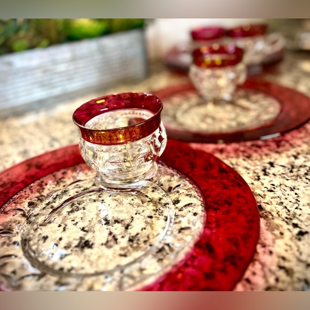 Stunning 1940s Tiffin Franciscan Kings Crown Thumbprint Ruby Red Flashed 8pc Set - Picture 15 of 16